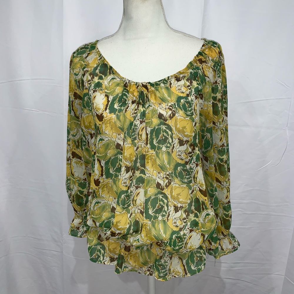 Anne Klein sheer floral peasant boho blouse Lg